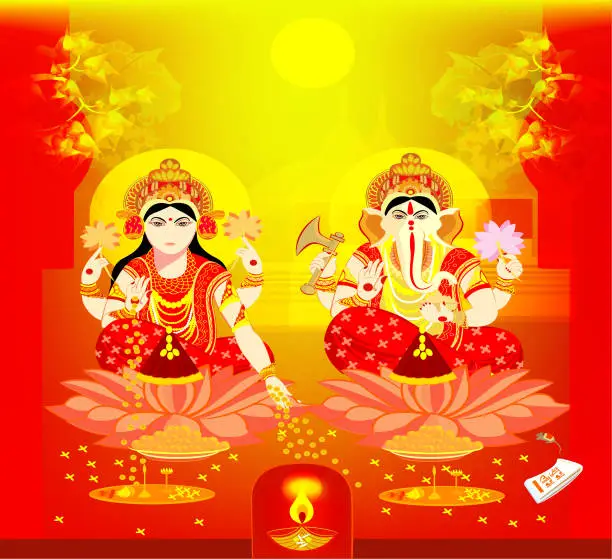 Vector illustration of lakshmi, Ganesha , diwali card ,