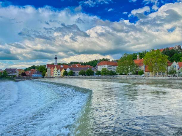 View at the river Lech and the colorful medieval houses in the historical center of Landsberg am Lech in Bavaria, a medieval town on the \