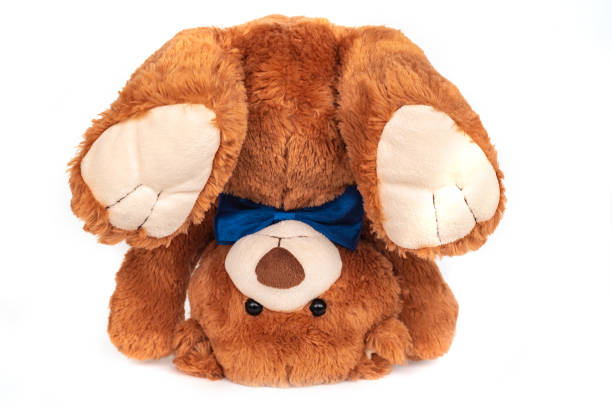 istock Brown teddy bear with dark blue bow tie upside down on white 1278302541