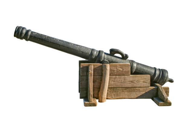 istock Old medieval artillery canon on white background. Old cast iron cannon isolated on white 1278302939