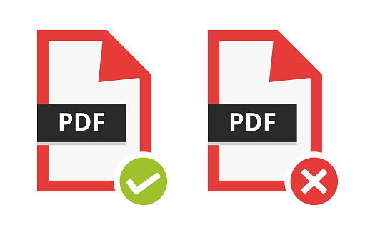 Illustrated symbol of correct and incorrect, checked or unchecked, proper or improper portable document file for web, print, or publication.