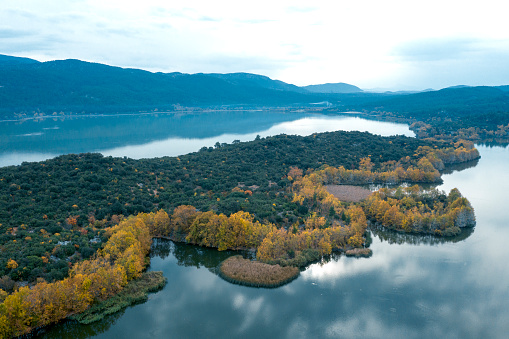 Aerial view of Kovada Lake National Park in Isparta, Turkey. Taken via drone.
