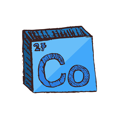 Vector symbol of the element cobalt Co. Bluish, ferromagnetic, and hard metal, harder than steel. It is used in metallurgy for alloys, in the coloring of ceramics and glass. The cobalt element is isolated on a white background.