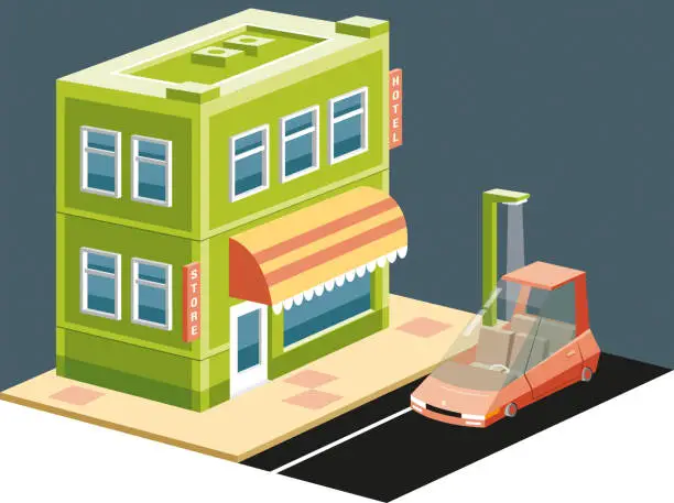 Vector illustration of Store and parked car