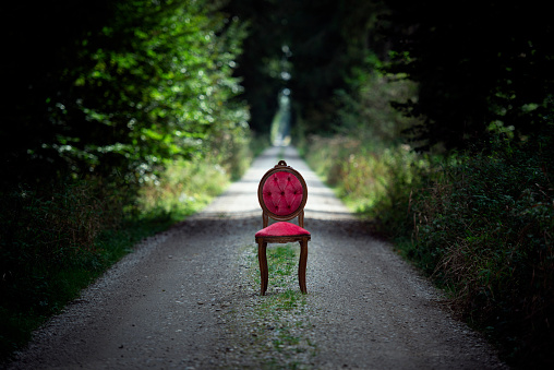 Austria, red vintage chair at a long path in a deep forest.
