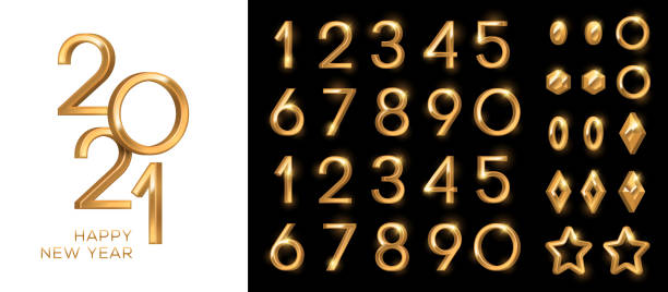zestaw złotych numerów 3d - number 4 gold number three dimensional shape stock illustrations