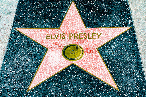Hollywood, California - October 09 2019: Famous Celebrity Elvis Presley Walk Of Fame Star on Hollywood Boulevard sidewalk in Los Angeles, California. Popular tourist attraction and city landmark.
