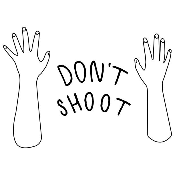 Raised hands and don t shoot text on white isolated backdrop. Don't shoot text on white isolated backdrop. Raised hands emblem for invitation or gift card, social banner, news blog, flyer. Phone case or cloth print. Doodle style stock vector illustration george floyd protests stock illustrations