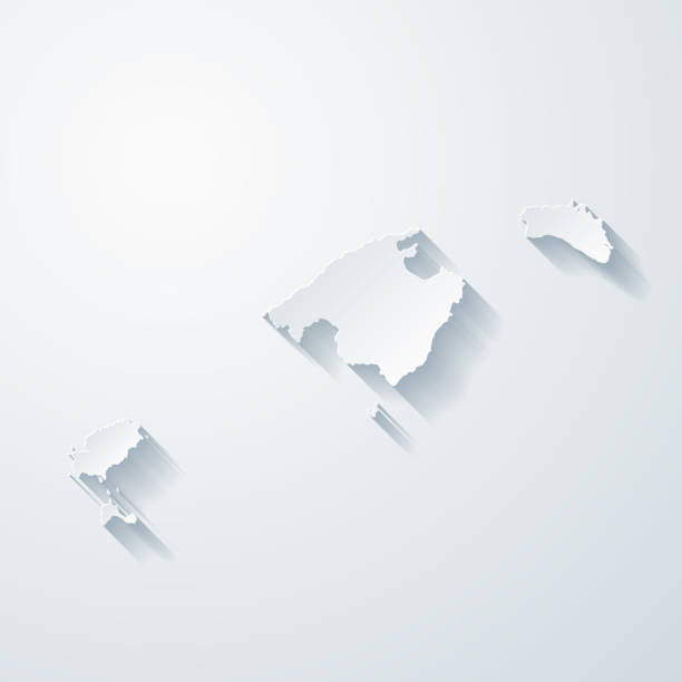 Balearic Islands map with paper cut effect on blank background Map of Balearic Islands with a realistic paper cut effect isolated on white background. Vector Illustration (EPS10, well layered and grouped). Easy to edit, manipulate, resize or colorize. balearic islands stock illustrations