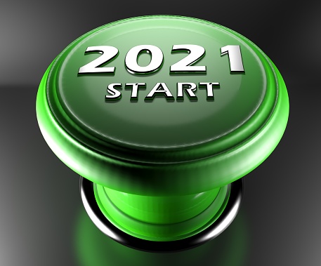 2021 START green push button on black background - 3D rendering illustration