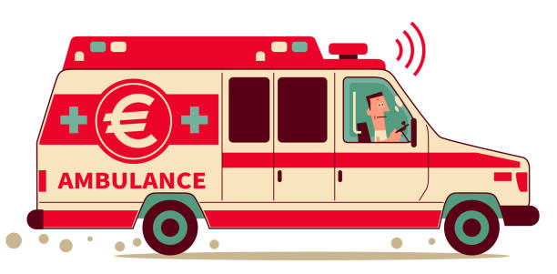 medizinisches personal fährt einen krankenwagen mit dem euro-zeichen der europäischen union; notfallfonds, darlehens- oder wohltätigkeitsspendenkonzept - european union currency flash stock-grafiken, -clipart, -cartoons und -symbole