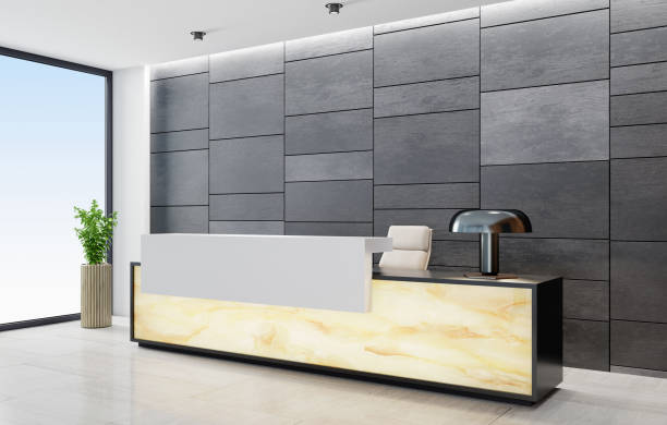 istock Modern office lobby interior with big reception desk. Desk front panel is illuminated Onyx translucent stone. 1278322331