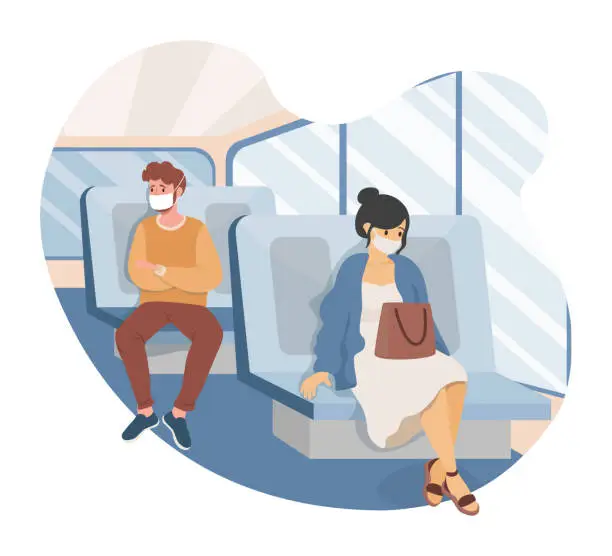 Vector illustration of People travel in public transport during Coronavirus outbreak vector flat illustration.