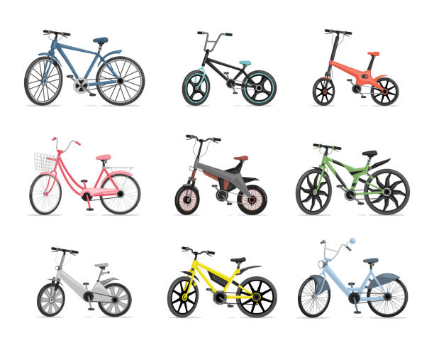 istock Set of different bicycles. Blue, red, pink, green, grey, and yellow bikes isolated on white background. 1278323245