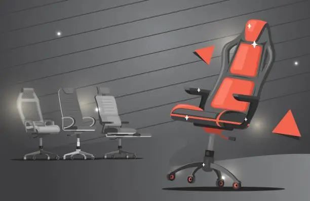 Vector illustration of Gaming chair vector flat banner design. Red and grey office chairs work chairs or gaming chairs with cushions.