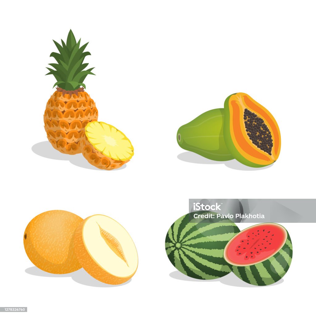 Hình Minh Họa Hoạt Hình Vector Dứa Đu Đủ Dưa Hấu Và Dưa Hấu Được ...