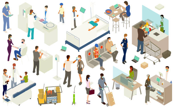 arkusz naklejek na naklejki z pandemią covida - isometric patient people healthcare and medicine stock illustrations