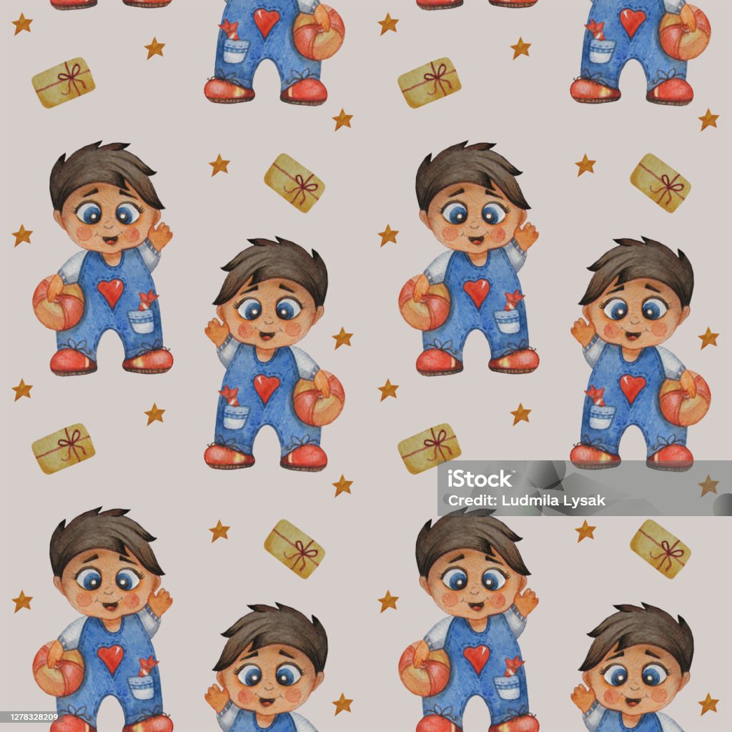Cute kids collection. Seamless patterns. Cheerful boy in denim overalls with a ball and sweets in his pocket on a light background with gifts and stars. Watercolor. Hand drawing Cute kids collection. Seamless patterns. Cheerful boy in denim overalls with a ball and sweets in his pocket on a light background with gifts and stars. Watercolor. Festive packaging. Hand drawing Adult stock illustration