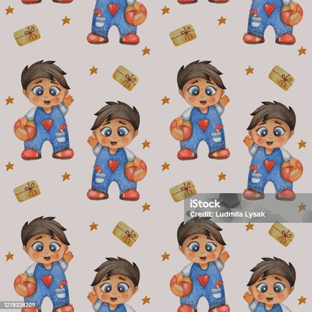 Cute Kids Collection Seamless Patterns Cheerful Boy In Denim Overalls With A Ball And Sweets In His Pocket On A Light Background With Gifts And Stars Watercolor Hand Drawing Stock Illustration - Download Image Now