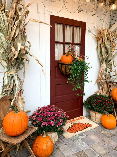 Autumn front entrance Seasonal fall holiday decorating. Front door autumn decor. pumpkin decorating stock pictures, royalty-free photos & images