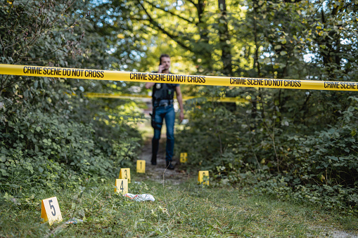 Young male police officer using smart phone while entering crime scene with evidence markers in woodland area.