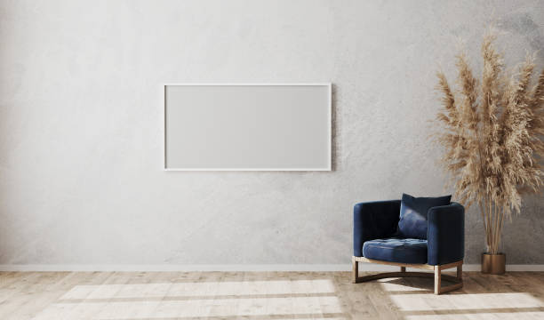 istock Blank white horizontal poster frame mock up on gray wall in modern living room interior with dark blue armchair and wooden floor, scandinavian style, luxury, 3d rendering 1278331190