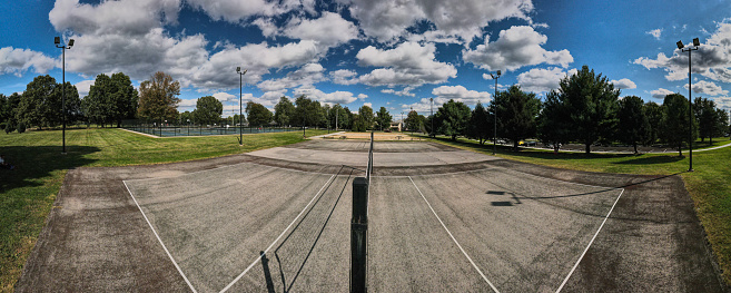 Drone shot of distorted by short focal length lens volleyball courts