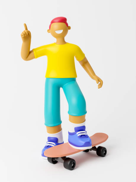 Cute happy young boy skater riding stock photo