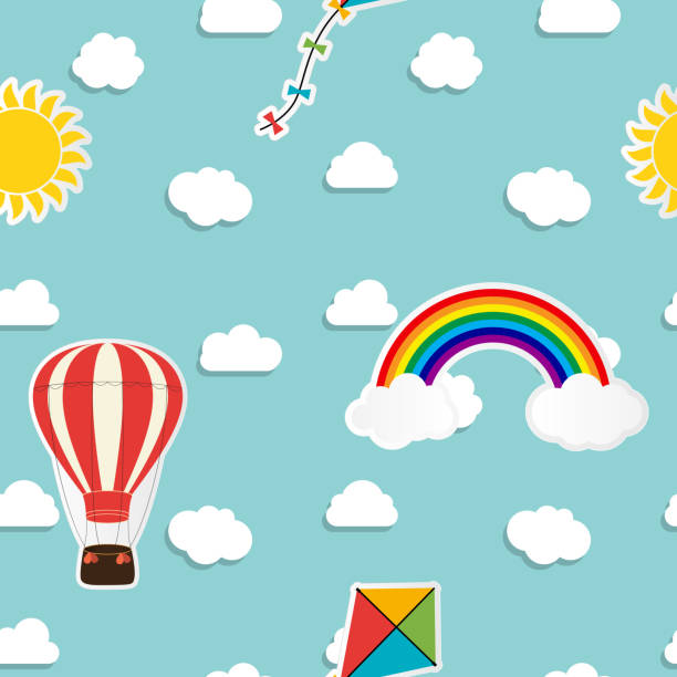 kind nahtlose muster hintergrund mit regenbogen, sonne, wolke, drachen und ballon. vektor-illustration - sun sky child balloon stock-grafiken, -clipart, -cartoons und -symbole