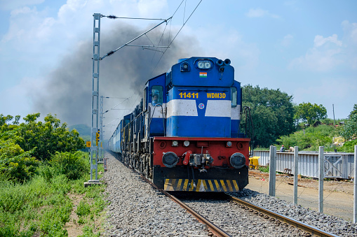 Pune, India - October 02 2020: Diesel locomotive hauling a passenger train near Pune India.