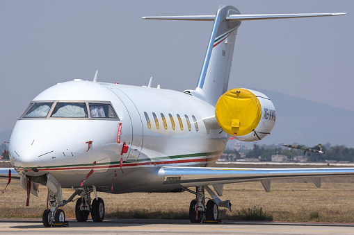 Tecamac, Mexico - April 17, 2019: Bombardier Challenger 605 on static display at FAMEX 2019.