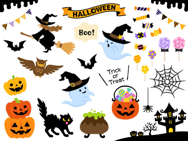 halloween-illustration-set - halloween witch domestic cat frame stock-grafiken, -clipart, -cartoons und -symbole