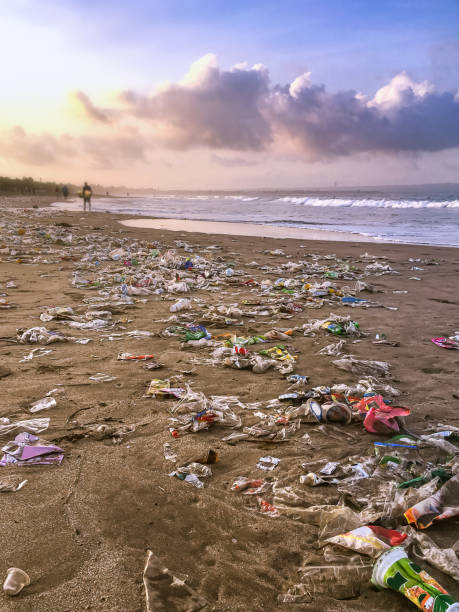 problema de poluição plástica em bali linda praia - kuta beach - fotografias e filmes do acervo