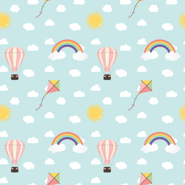 kind nahtlose muster hintergrund mit regenbogen, sonne, wolke, drachen und ballon. vektor-illustration - sun sky child balloon stock-grafiken, -clipart, -cartoons und -symbole