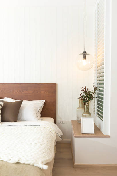 istock Master bedroom in rustic style and hanging lamp. 1278369212