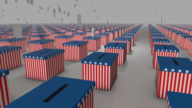 USA Election, 3d generated illustration of votes falling into ballot boxes in American Flag colors stretching to the horizon