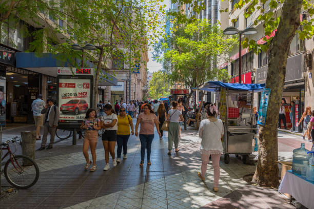 santiago, chile-february 28, 2020: unknown people on a pedestrian street in santiago