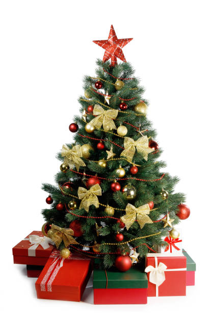 istock Christmas tree and gifts on white 1278379683