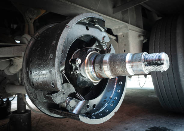 brake pads of a truck trailer for repairing to change. - travão imagens e fotografias de stock