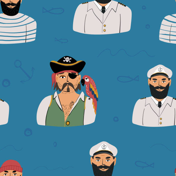 istock Portraits of a ocean conquerors seamless pattern on water blue background with bubbles and fish doodles. A fisherman in a striped vest, a pirate with a parrot on his shoulder, a captain in a marine suit uniform. 1278386258