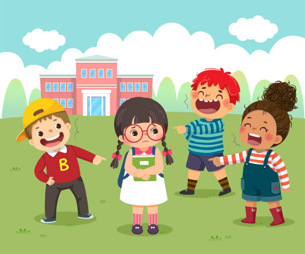 Vector illustration cartoon of a sad little girl being bullied by her schoolmates in schoolyard. Vector illustration cartoon of a sad little girl being bullied by her schoolmates in schoolyard. recess cartoon stock illustrations