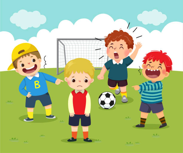 Vector illustration cartoon of a sad little boy being bullied by his friends in schoolyard. Vector illustration cartoon of a sad little boy being bullied by his friends in schoolyard. boys soccer stock illustrations