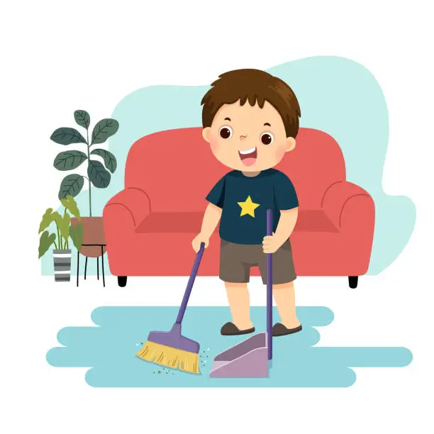 Vector illustration of Vector illustration cartoon of a little boy sweeping the floor. Kids doing housework chores at home concept.