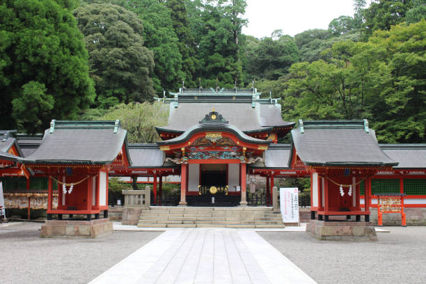 Main temple of Kirishima Jingu Shrine in Kagoshima. Main temple of Kirishima Jingu Shrine in Kagoshima. Taken in August 2019. shrine stock pictures, royalty-free photos & images