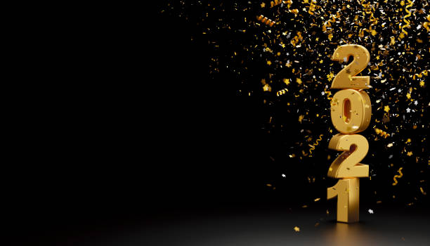 Happy new year 2021 and foil confetti falling on black background 3d render Happy new year 2021 and foil confetti falling on black background 3d render 2021 stock pictures, royalty-free photos & images