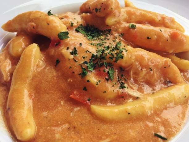 Chicken goulash with dumplings in Sighisoara, Romania.