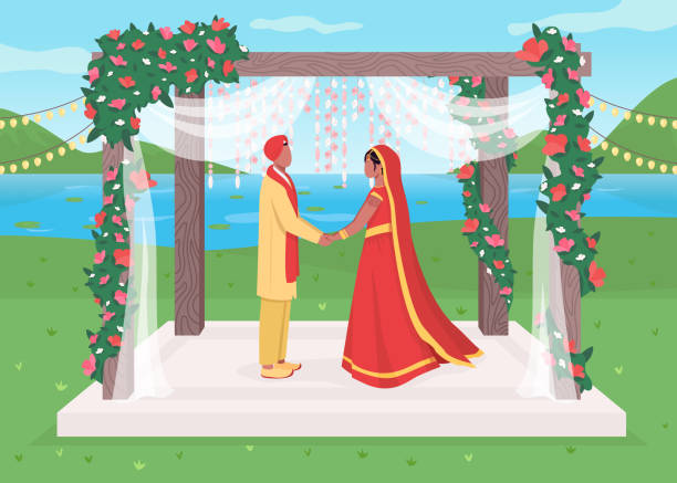 ilustrasi vektor warna datar pernikahan india - hinduisme ilustrasi stok