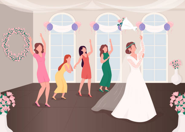 букет бросали традиции плоский цвет вектор иллюстрации - wedding reception wedding party bridesmaid stock illustrations
