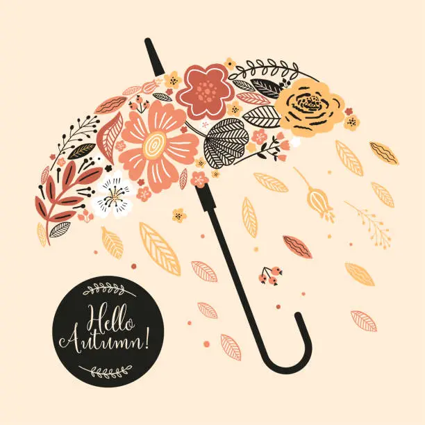 Vector illustration of Lovely autumn card with a umbrella, flowers, leaves and with the inscription Hello Autumn. Perfect for greeting cards, postcards, t-shirt design and other yours design in trend colors.