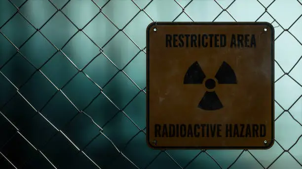 Restricted Area Radioactive Hazard Sign On Wire Fence, Radioactive Material Processing Facility Concpet, 3d Rendering